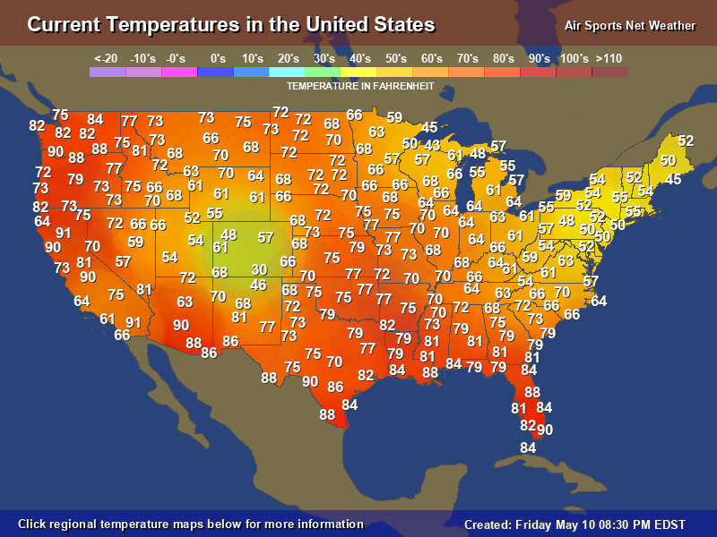 Current - Temperature Map for the United States /                 usAirNet.com