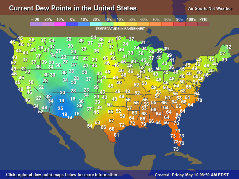 Current - Dew Points Map for the United States /                 usAirNet.com