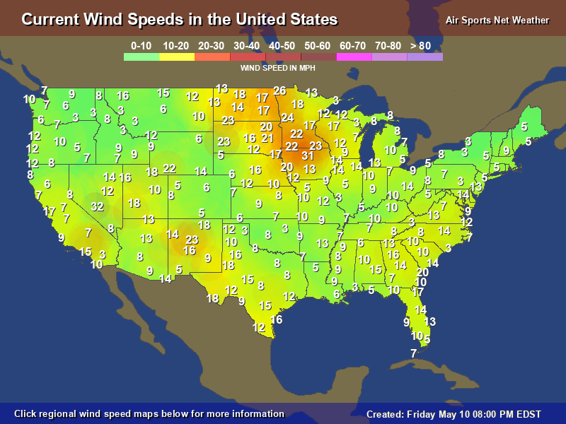 Current - Wind Speed Map for the United States /                 usAirNet.com