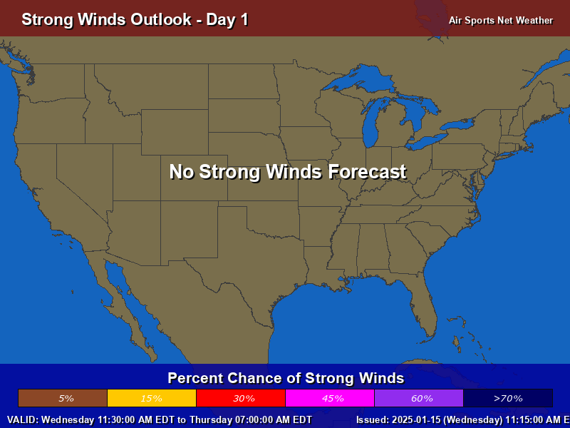 Strong Winds Forecast Map for the United States - Day 1