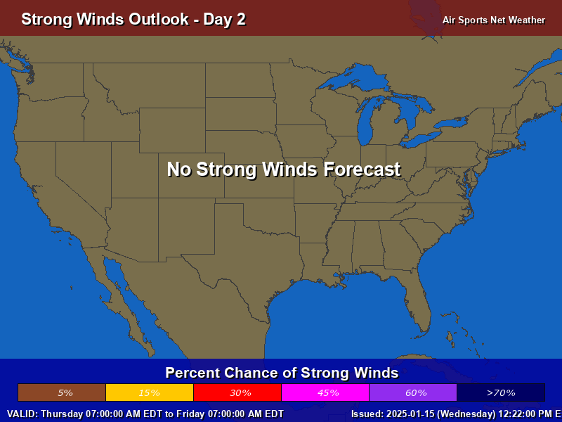 Strong Winds Forecast Map for the United States - Day 2